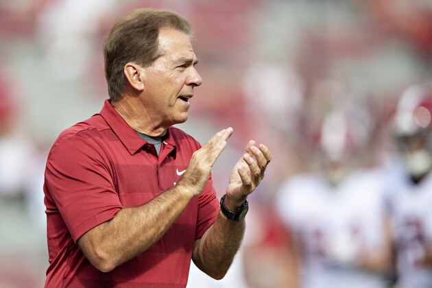 FAYETTEVILLE, AR - OCTOBER 6:  Head Coach Nick Saban of the Alabama Crimson Tide with his team on the field before a game against the Arkansas Razorbacks at Razorback Stadium on October 6, 2018 in Tuscaloosa, Alabama.  The Crimson Tide defeated the Razorbacks 65-31.  (Photo by Wesley Hitt/Getty Images)