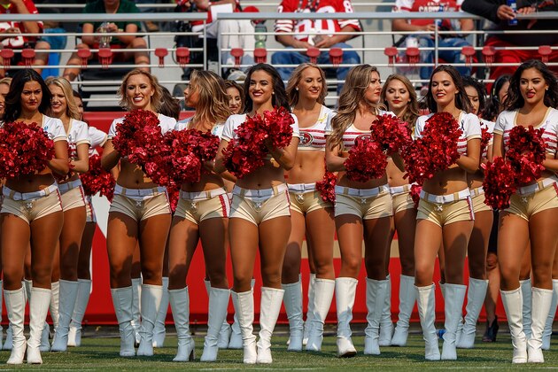 SANTA CLARA, CA - OCTOBER 07: San Francisco 49ers cheerleaders on the sidelines during the first quarter against the Arizona Cardinals at Levi's Stadium on October 7, 2018 in Santa Clara, California. The Arizona Cardinals defeated the San Francisco 49ers 28-18. (Photo by Jason O. Watson/Getty Images)