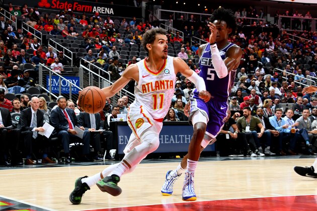 ATLANTA, GA - November 1: Trae Young #11 of the Atlanta Hawks handles the ball against the Sacramento Kings on November 1, 2018 at State Farm Arena in Atlanta, Georgia. NOTE TO USER: User expressly acknowledges and agrees that, by downloading and/or using this Photograph, user is consenting to the terms and conditions of the Getty Images License Agreement. Mandatory Copyright Notice: Copyright 2018 NBAE (Photo by Scott Cunningham/NBAE via Getty Images)