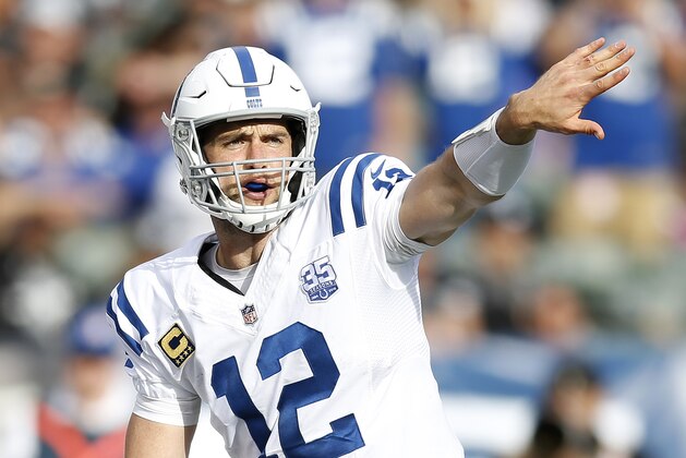 Indianapolis Colts quarterback Andrew Luck (12) signals against the Oakland Raiders during an NFL football game in Oakland, Calif., Sunday, Oct. 28, 2018. (AP Photo/D. Ross Cameron)