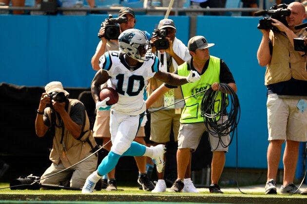 CHARLOTTE, NC - OCTOBER 07:  Curtis Samuel #10 of the Carolina Panthers scores a touchdown against the New York Giants in the first quarter during their game at Bank of America Stadium on October 7, 2018 in Charlotte, North Carolina.  (Photo by Grant Halverson/Getty Images)
