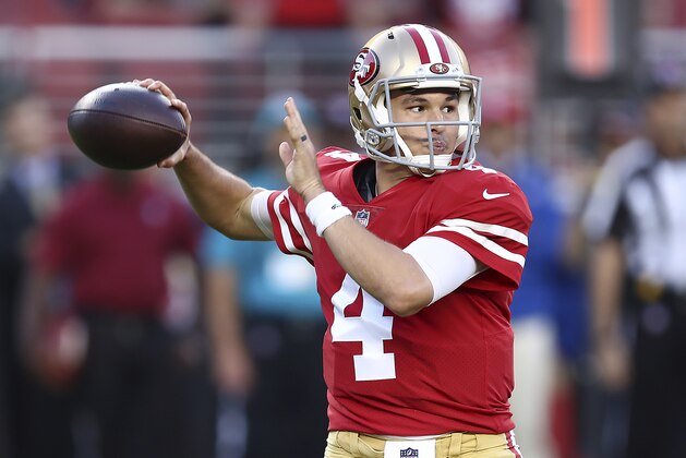 San Francisco 49ers quarterback Nick Mullens throws a pass against the Oakland Raiders during the first half of an NFL football game in Santa Clara, Calif., Thursday, Nov. 1, 2018. (AP Photo/Ben Margot)