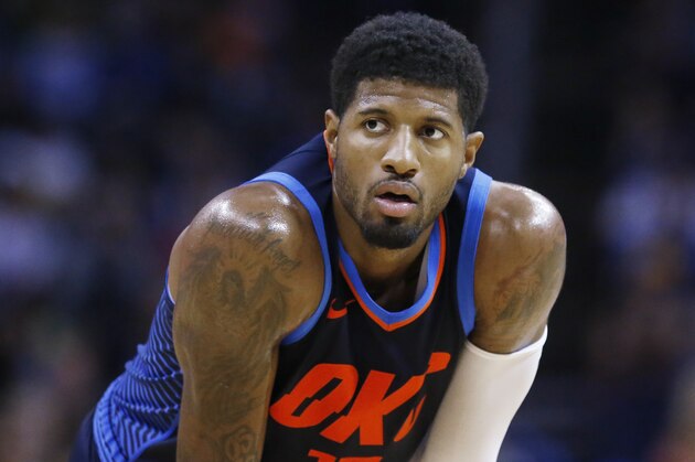 Oklahoma City Thunder forward Paul George during an NBA basketball game against the Phoenix Suns in Oklahoma City, Sunday, Oct. 28, 2018. (AP Photo/Sue Ogrocki)