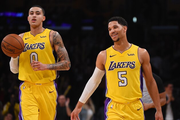 LOS ANGELES, CA - FEBRUARY 06:  Kyle Kuzma #0 and Josh Hart #5 of the Los Angeles Lakers on the court during the game against the Phoenix Suns at Staples Center on February 6, 2018 in Los Angeles, California. NOTE TO USER: User expressly acknowledges and agrees that, by downloading and or using this photograph, User is consenting to the terms and conditions of the Getty Images License Agreement.  (Photo by Jayne Kamin-Oncea/Getty Images)