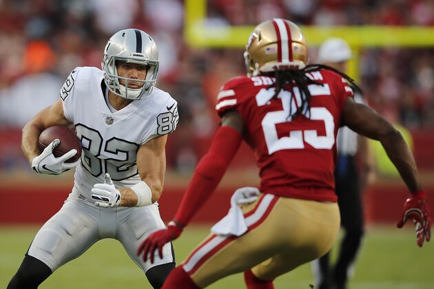 Oakland Raiders wide receiver Jordy Nelson (82) runs against San Francisco 49ers defensive back Richard Sherman (25) during the first half of an NFL football game in Santa Clara, Calif., Thursday, Nov. 1, 2018. (AP Photo/John Hefti)