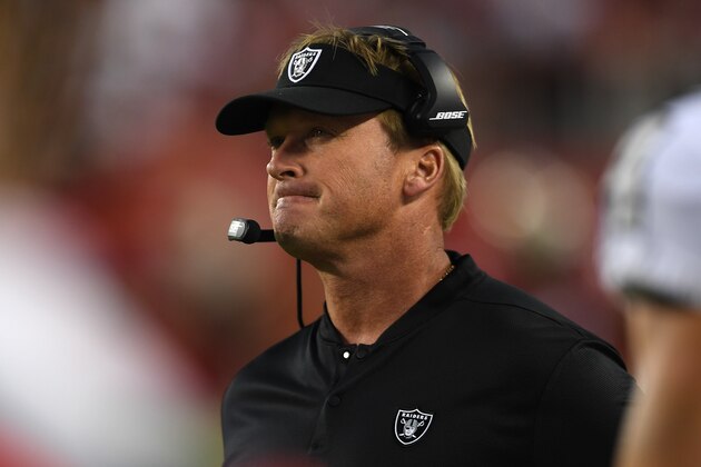 SANTA CLARA, CA - NOVEMBER 01: Head coach Jon Gruden of the Oakland Raiders looks on during their NFL game against the San Francisco 49ers at Levi's Stadium on November 1, 2018 in Santa Clara, California. (Photo by Thearon W. Henderson/Getty Images)