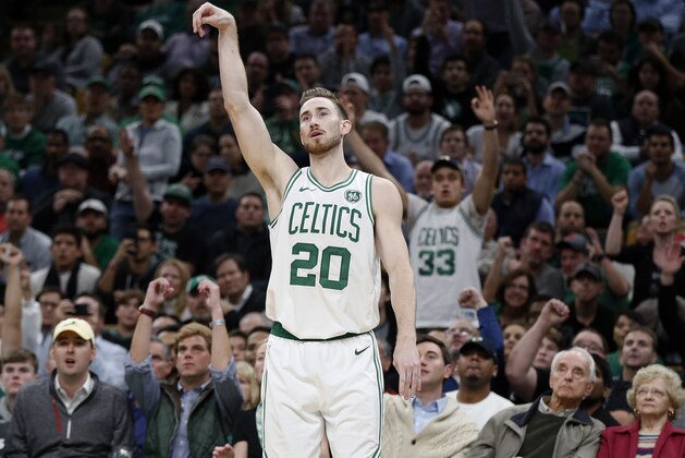Boston Celtics' Gordon Hayward watches his three-pointer during the second half of an NBA basketball game against the Milwaukee Bucks in Boston, Thursday, Nov. 1, 2018. (AP Photo/Michael Dwyer)