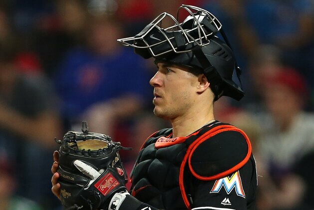 PHILADELPHIA, PA - SEPTEMBER 15: Catcher J.T. Realmuto #11 of the Miami Marlins in action against the Philadelphia Phillies during a game at Citizens Bank Park on September 15, 2018 in Philadelphia, Pennsylvania. (Photo by Rich Schultz/Getty Images)