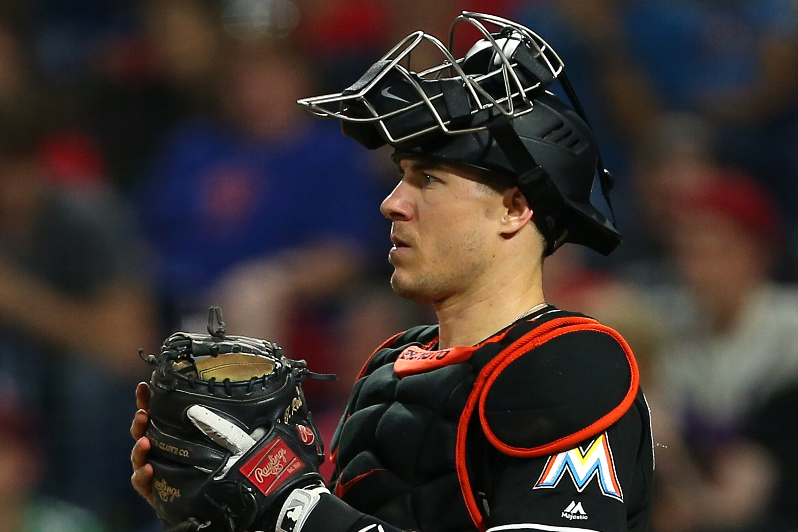 PHILADELPHIA, PA - SEPTEMBER 15: Catcher J.T. Realmuto #11 of the Miami Marlins in action against the Philadelphia Phillies during a game at Citizens Bank Park on September 15, 2018 in Philadelphia, Pennsylvania. (Photo by Rich Schultz/Getty Images)