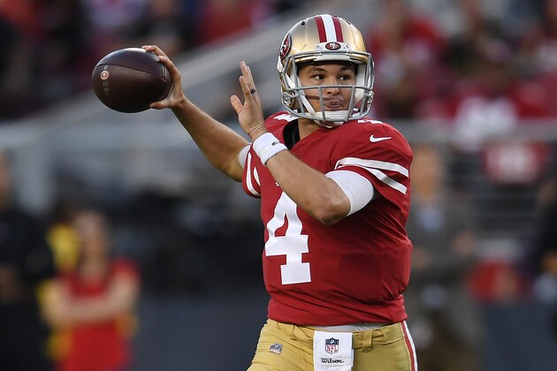 SANTA CLARA, CA - NOVEMBER 01: Nick Mullens #4 of the San Francisco 49ers looks to pass against the Oakland Raiders during their NFL game at Levi's Stadium on November 1, 2018 in Santa Clara, California. (Photo by Thearon W. Henderson/Getty Images)