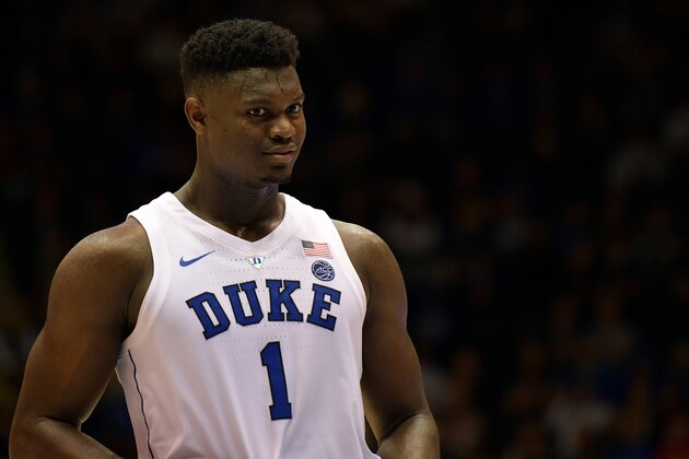 DURHAM, NC - OCTOBER 27: Zion Williamson #1 of the Duke Blue Devils looks on during their game against the Ferris State Bulldogs at Cameron Indoor Stadium on October 27, 2018 in Durham, North Carolina. (Photo by Lance King/Getty Images)
