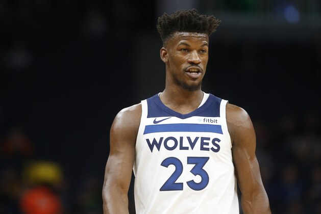 Minnesota Timberwolves' Jimmy Butler plays against the Indiana Pacers in the first half of an NBA basketball game Tuesday, Oct. 22, 2018, in Minneapolis. (AP Photo/Jim Mone)