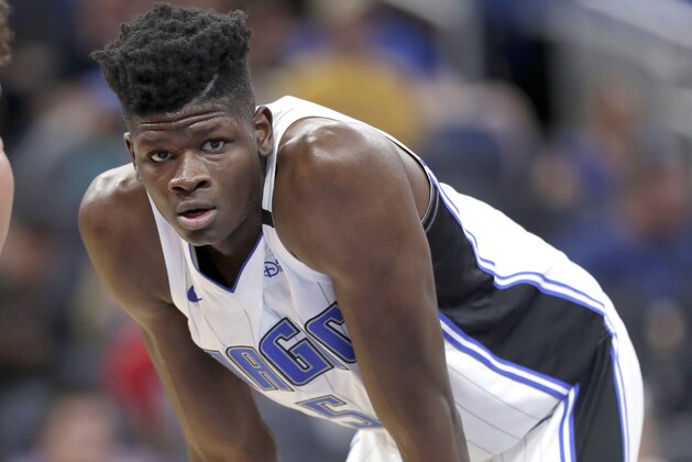 Orlando Magic's Mohamed Bamba waits for a Brazil Flamengo player to shoot a free throw during the second half of an NBA exhibition basketball game, Friday, Oct. 5, 2018, in Orlando, Fla. (AP Photo/John Raoux)