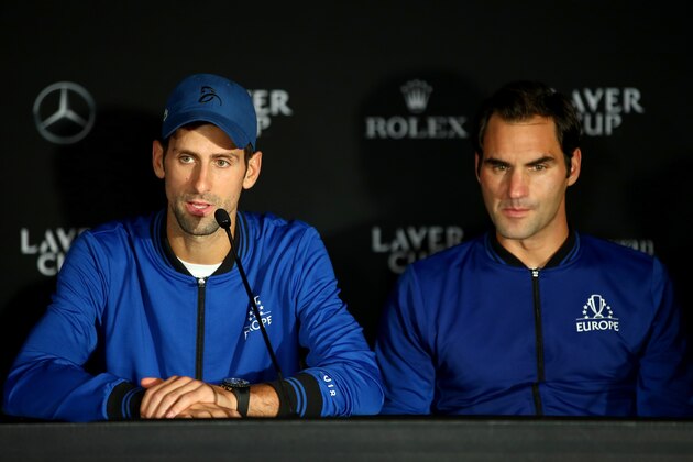 CHICAGO, IL - SEPTEMBER 23: Team Europe Novak Djokovic of Serbia speaks to the media after winning the Laver Cup on day three of the 2018 Laver Cup at the United Center on September 23, 2018 in Chicago, Illinois. (Photo by Clive Brunskill/Getty Images for The Laver Cup) CHICAGO, IL - SEPTEMBER 23: Team Europe Novak Djokovic of Serbia speaks to the media after winning the Laver Cup on day three of the 2018 Laver Cup at the United Center on September 23, 2018 in Chicago, Illinois. (Photo by Clive Brunskill/Getty Images for The Laver Cup)