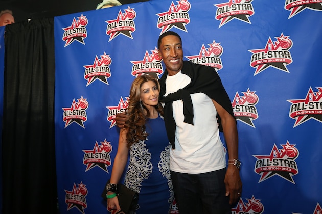 HOUSTON, TX - FEBRUARY 17: NBA Legend Scottie Pippen and wife Larsa pose on the All-Star Red Carpet prior to the 2013 NBA All-Star Game presented by Kia Motors on February 17, 2013 at the Toyota Center in Houston, Texas. NOTE TO USER:  User expressly acknowledges and agrees that, by downloading and or using this Photograph, user is consenting to the terms and conditions of the Getty Images License Agreement.  Mandatory Copyright Notice:  Copyright 2013 NBAE (Photo by David Sherman/NBAE via Getty Images)