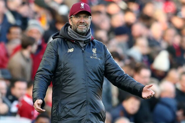 LIVERPOOL, ENGLAND - OCTOBER 27:  Jurgen Klopp, Manager of Liverpool reacts during the Premier League match between Liverpool FC and Cardiff City at Anfield on October 27, 2018 in Liverpool, United Kingdom.  (Photo by Jan Kruger/Getty Images)