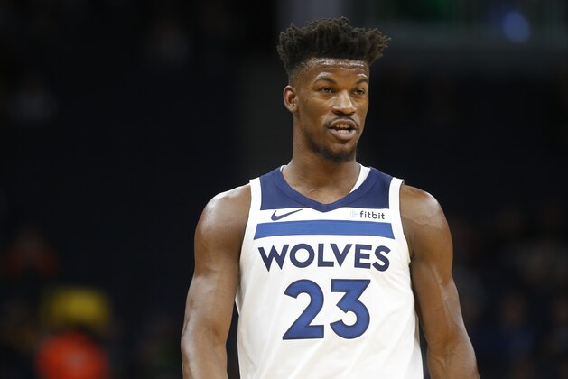 Minnesota Timberwolves' Jimmy Butler plays against the Indiana Pacers in the first half of an NBA basketball game Tuesday, Oct. 22, 2018, in Minneapolis. (AP Photo/Jim Mone)