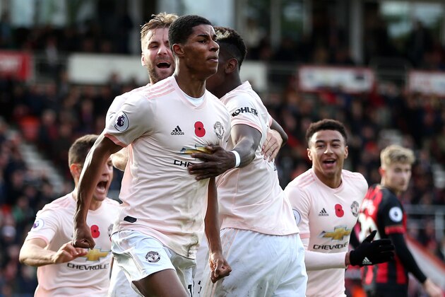 BOURNEMOUTH, ENGLAND - NOVEMBER 03:  Marcus Rashford of Manchester United celebrates after scoring his team's second goal during the Premier League match between AFC Bournemouth and Manchester United at Vitality Stadium on November 3, 2018 in Bournemouth, United Kingdom.  (Photo by Alex Morton/Getty Images)
