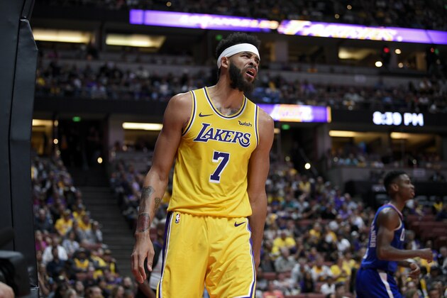 Los Angeles Lakers center JaVale McGee reacts during the second half of an NBA preseason basketball game against the Los Angeles Clippers in Anaheim, Calif., Saturday, Oct. 6, 2018. The Clippers won 103-87. (AP Photo/Kelvin Kuo)