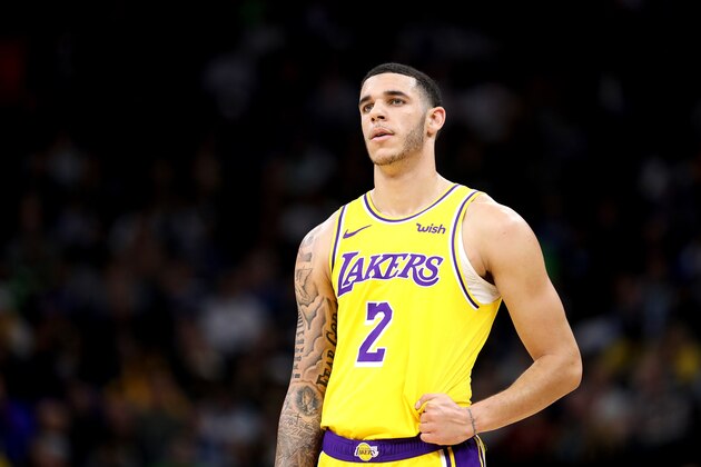 MINNEAPOLIS, MN - OCTOBER 29: Lonzo Ball #2 of the Los Angeles Lakers looks on against the Minnesota Timberwolves on October 29, 2018 at Target Center in Minneapolis, Minnesota. NOTE TO USER: User expressly acknowledges and agrees that, by downloading and or using this Photograph, user is consenting to the terms and conditions of the Getty Images License Agreement. Mandatory Copyright Notice: Copyright 2018 NBAE (Photo by Jordan Johnson/NBAE via Getty Images)