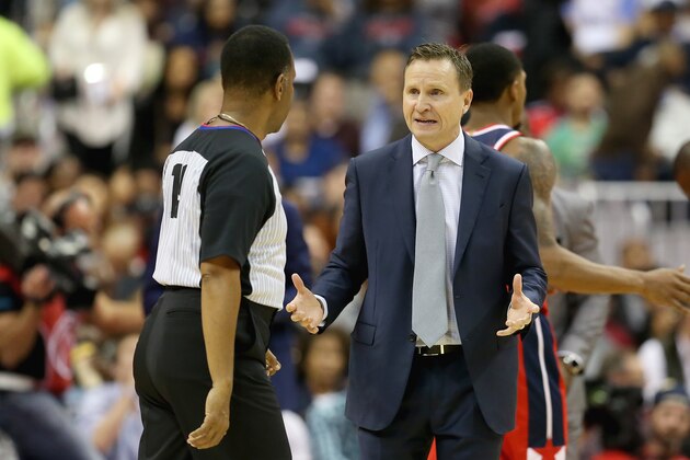 WASHINGTON, DC - NOVEMBER 02: Head coach Scott Brooks of the Washington Wizards speaks to a referee during the first half against the Oklahoma City Thunder at Capital One Arena on November 2, 2018 in Washington, DC. NOTE TO USER: User expressly acknowledges and agrees that, by downloading and or using this photograph, User is consenting to the terms and conditions of the Getty Images License Agreement. (Photo by Will Newton/Getty Images)