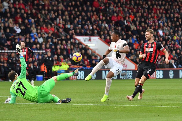 Manchester United's French striker Anthony Martial (C) has an attempt on goal during the English Premier League football match between Bournemouth and Manchester United at the Vitality Stadium in Bournemouth, southern England on November 3, 2018. (Photo by Ben STANSALL / AFP) / RESTRICTED TO EDITORIAL USE. No use with unauthorized audio, video, data, fixture lists, club/league logos or 'live' services. Online in-match use limited to 120 images. An additional 40 images may be used in extra time. No video emulation. Social media in-match use limited to 120 images. An additional 40 images may be used in extra time. No use in betting publications, games or single club/league/player publications. /         (Photo credit should read BEN STANSALL/AFP/Getty Images)