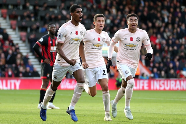 BOURNEMOUTH, ENGLAND - NOVEMBER 03:  Marcus Rashford of Manchester United celebrates after scoring his team's second goal with Ander Herrera of Manchester United and Jesse Lingard of Manchester United during the Premier League match between AFC Bournemouth and Manchester United at Vitality Stadium on November 3, 2018 in Bournemouth, United Kingdom.  (Photo by Alex Morton/Getty Images)