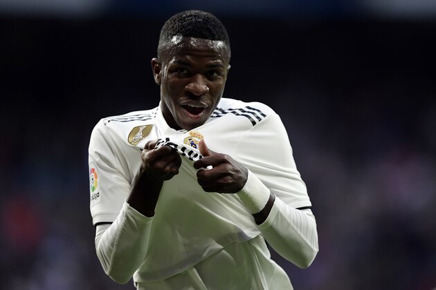 Real Madrid's Brazilian forward Vinicius Junior celebrates a goal during the Spanish league football match between Real Madrid CF and Real Valladolid FC at the Santiago Bernabeu stadium in Madrid on November 3, 2018. (Photo by JAVIER SORIANO / AFP)        (Photo credit should read JAVIER SORIANO/AFP/Getty Images)
