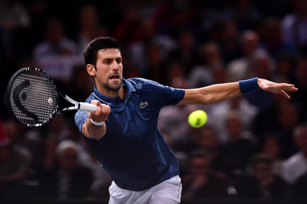 PARIS, FRANCE - NOVEMBER 03: Novak Djokovic of Serbia plays a forehand during his Semi Final match against Roger Federer of Switzerland on Day 6 of the Rolex Paris Masters on November 3, 2018 in Paris, France. (Photo by Justin Setterfield/Getty Images)