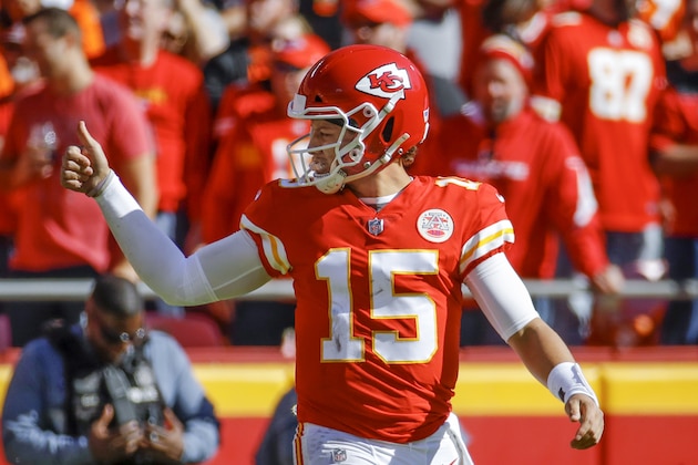 Kansas City Chiefs quarterback Patrick Mahomes (15) gives the thumbs-up signal during the first half of an NFL football game against the Denver Broncos in Kansas City, Mo., Sunday, Oct. 28, 2018. (AP Photo/Charlie Riedel)