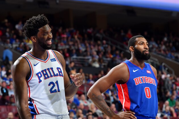 PHILADELPHIA, PA - NOVEMBER 3:  Joel Embiid #21 of the Philadelphia 76ers and Andre Drummond #0 of the Detroit Pistons look on during the game on November 3, 2018 at the Wells Fargo Center in Philadelphia, Pennsylvania NOTE TO USER: User expressly acknowledges and agrees that, by downloading and/or using this Photograph, user is consenting to the terms and conditions of the Getty Images License Agreement. Mandatory Copyright Notice: Copyright 2018 NBAE (Photo by Jesse D. Garrabrant/NBAE via Getty Images)