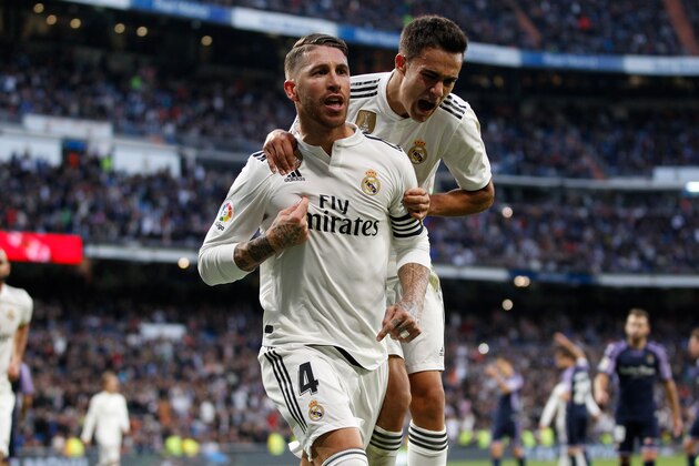 MADRID, SPAIN - NOVEMBER 3: Sergio Ramos of Real Madrid celebrates 2-0 during the La Liga Santander  match between Real Madrid v Real Valladolid at the Santiago Bernabeu on November 3, 2018 in Madrid Spain (Photo by David S. Bustamante/Soccrates/Getty Images)