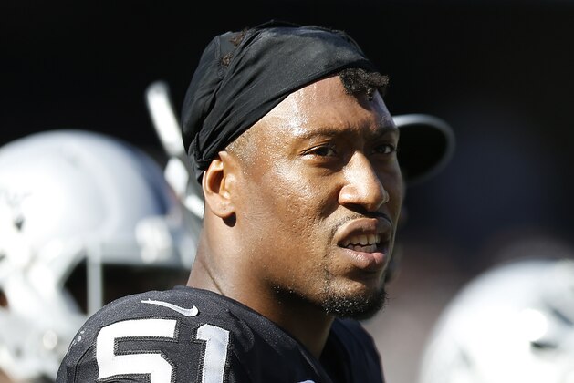 Oakland Raiders defensive end Bruce Irvin (51) against the Indianapolis Colts during an NFL football game in Oakland, Calif., Sunday, Oct. 28, 2018. (AP Photo/D. Ross Cameron)