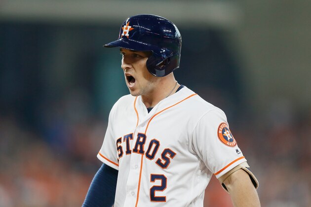 HOUSTON, TX - OCTOBER 16:  Alex Bregman #2 of the Houston Astros reacts after hitting a single in the first inning against the Boston Red Sox during Game Three of the American League Championship Series at Minute Maid Park on October 16, 2018 in Houston, Texas.  (Photo by Bob Levey/Getty Images)