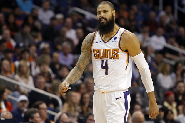 Phoenix Suns center Tyson Chandler (4) in the first half during an NBA basketball game against the San Antonio Spurs, Wednesday, Oct. 31, 2018, in Phoenix. (AP Photo/Rick Scuteri)