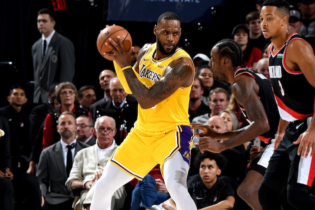 PORTLAND, OR - NOVEMBER 3: LeBron James #23 of the Los Angeles Lakers handles the ball against the Portland Trail Blazers on November 3, 2018 at Moda Center in Portland, Oregon. NOTE TO USER: User expressly acknowledges and agrees that, by downloading and/or using this Photograph, user is consenting to the terms and conditions of the Getty Images License Agreement. Mandatory Copyright Notice: Copyright 2018 NBAE (Photo by Andrew D. Bernstein/NBAE via Getty Images)