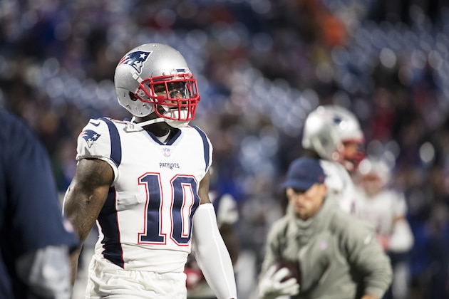 ORCHARD PARK, NY - OCTOBER 29:  Josh Gordon #10 of the New England Patriots walks on the field during warmups for the game against the Buffalo Bills at New Era Field on October 29, 2018 in Orchard Park, New York.  (Photo by Brett Carlsen/Getty Images)