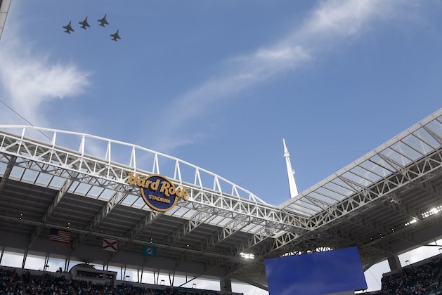 Fighter jets fly over Hard Rock Stadium at the start of an NFL football game between the Miami Dolphins and the Tennessee Titans, Sunday, Sept. 9, 2018, in Miami Gardens, Fla. (AP Photo/Wilfredo Lee)