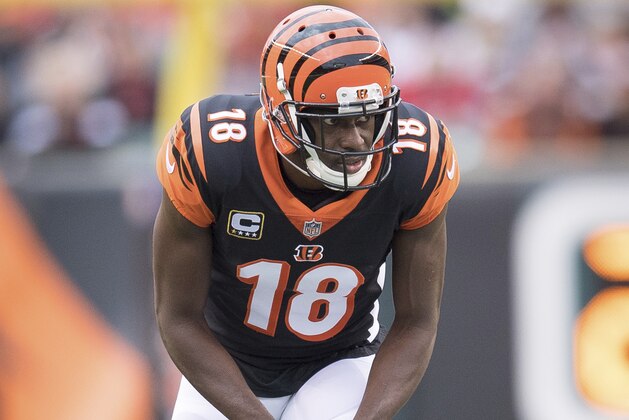 Cincinnati wide receiver A.J. Green (18) lines up at the line of scrimmage during the first half of an NFL football game against Tampa Bay in Cincinnati, Oh, Saturday, Oct. 28, 2018. (AP Photo/Bryan Woolston)