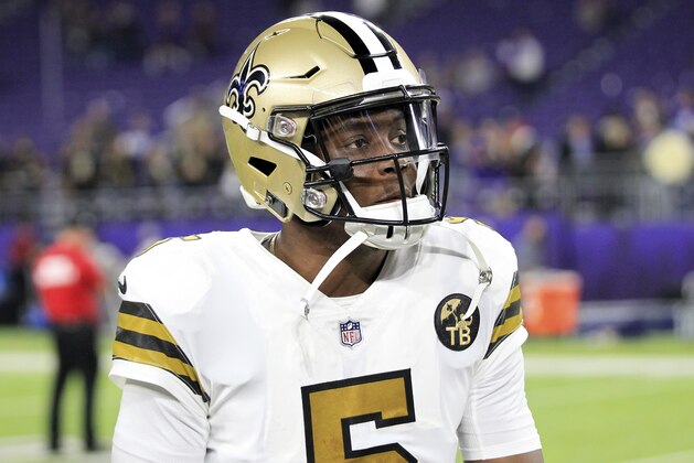 New Orleans Saints quarterback Teddy Bridgewater against the Minnesota Vikings during an NFL football game, Sunday, Oct. 28, 2018, in Minneapolis. (AP Photo/Andy Clayton-King)
