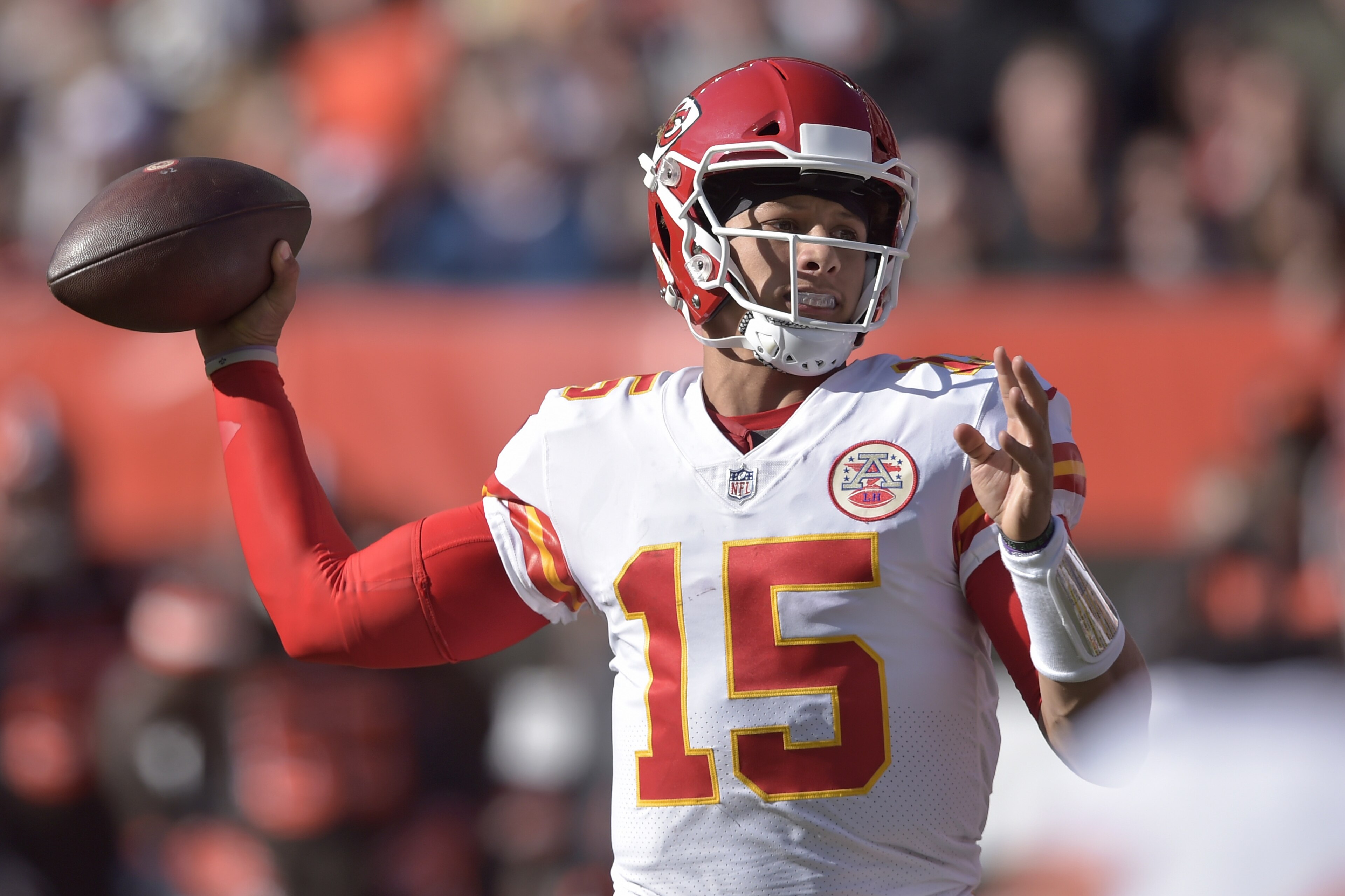 Kansas City Chiefs quarterback Patrick Mahomes looks to throw during the first half of an NFL football game against the Cleveland Browns, Sunday, Nov. 4, 2018, in Cleveland. (AP Photo/David Richard) Kansas City Chiefs quarterback Patrick Mahomes looks to throw during the first half of an NFL football game against the Cleveland Browns, Sunday, Nov. 4, 2018, in Cleveland. (AP Photo/David Richard)