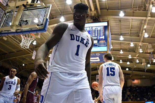 DURHAM, NC - OCTOBER 23: Zion Williamson #1 of the Duke Blue Devils looks on during their game against the Virginia Union Panthers at Cameron Indoor Stadium on October 23, 2018 in Durham, North Carolina. (Photo by Lance King/Getty Images)