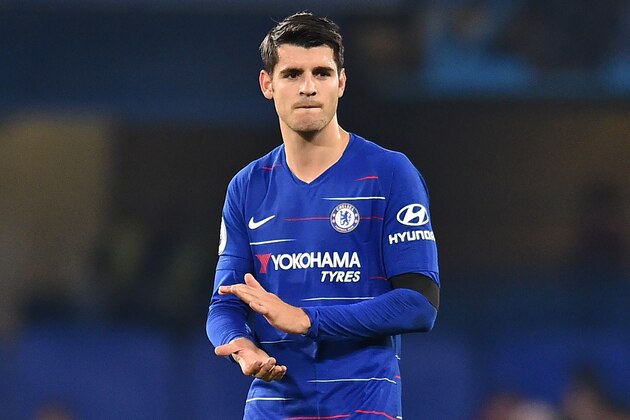 Chelsea's Spanish striker Alvaro Morata applauds supporters on the pitch after the English Premier League football match between Chelsea and Crystal Palace at Stamford Bridge in London on November 4, 2018. - Chelsea won the game 3-1. (Photo by Glyn KIRK / AFP) / RESTRICTED TO EDITORIAL USE. No use with unauthorized audio, video, data, fixture lists, club/league logos or 'live' services. Online in-match use limited to 120 images. An additional 40 images may be used in extra time. No video emulation. Social media in-match use limited to 120 images. An additional 40 images may be used in extra time. No use in betting publications, games or single club/league/player publications. /         (Photo credit should read GLYN KIRK/AFP/Getty Images)