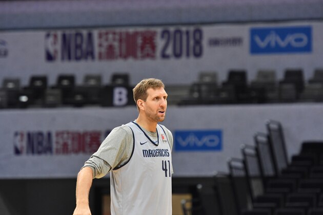 SHENZHEN, CHINA - OCTOBER 7: Dirk Nowitzki #41of the Dallas Mavericks looks on during practice as part of the 2018 China Games on October 7, 2018 at the Shenzhen Universiade Center in Shenzhen, China. NOTE TO USER: User expressly acknowledges and agrees that, by downloading and/or using this photograph, user is consenting to the terms and conditions of the Getty Images License Agreement.  Mandatory Copyright Notice: Copyright 2018 NBAE (Photo by Jesse D. Garrabrant/NBAE via Getty Images)