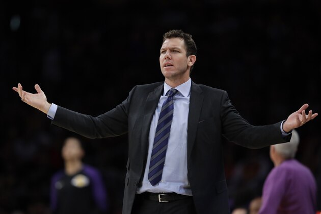 Los Angeles Lakers head coach Luke Walton argues a call during the second half of an NBA basketball game against the Dallas Mavericks Wednesday, Oct. 31, 2018, in Los Angeles. (AP Photo/Marcio Jose Sanchez) Los Angeles Lakers head coach Luke Walton argues a call during the second half of an NBA basketball game against the Dallas Mavericks Wednesday, Oct. 31, 2018, in Los Angeles. (AP Photo/Marcio Jose Sanchez)