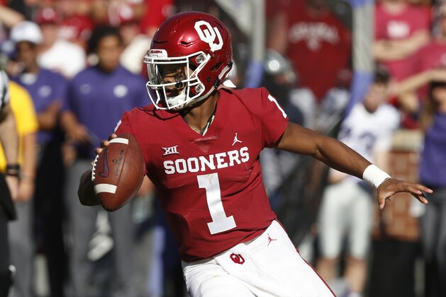 File - In this Oct. 27, 2018, file photo, Oklahoma quarterback Kyler Murray (1) maneuvers during an NCAA college football game against Kansas State in Norman, Okla. What figures to be Murray’s one-and-done attempt to get No. 7 Oklahoma back to the College Football Playoff will require a win in an atmosphere significantly more hostile because of a prime-time kickoff. (AP Photo/Sue Ogrocki, File)
