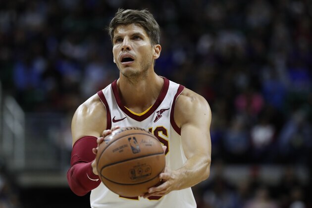 Cleveland Cavaliers guard Kyle Korver shoots a free throw during the second half of an NBA preseason basketball game against the Detroit Pistons, Friday, Oct. 12, 2018, in East Lansing, Mich. (AP Photo/Carlos Osorio) Cleveland Cavaliers guard Kyle Korver shoots a free throw during the second half of an NBA preseason basketball game against the Detroit Pistons, Friday, Oct. 12, 2018, in East Lansing, Mich. (AP Photo/Carlos Osorio)