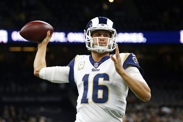 Los Angeles Rams quarterback Jared Goff (16) warms up before an NFL football game against the New Orleans Saints in New Orleans, Sunday, Nov. 4, 2018. (AP Photo/Butch Dill)