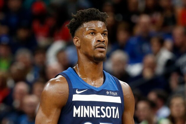 Minnesota Timberwolves' Jimmy Butler plays against the Houston Rockets in the first half during Game 3 of an NBA basketball first round playoff series Saturday, April 21, 2018, in Minneapolis. (AP Photo/Jim Mone)