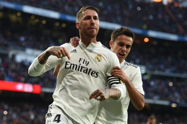 MADRID, SPAIN - NOVEMBER 03: Sergio Ramos of Real Madrid CF celebrates with Sergio Reguilon after scoring his team's 2nd goal during the La Liga match between Real Madrid CF and Real Valladolid CF at Estadio Santiago Bernabeu on November 03, 2018 in Madrid, Spain. (Photo by Denis Doyle/Getty Images)